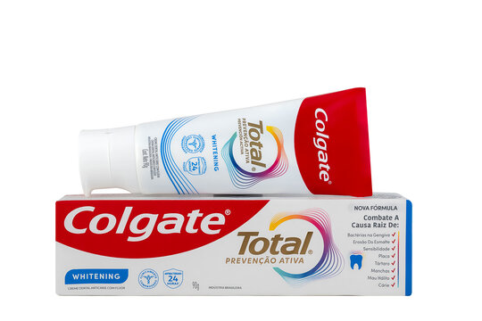 S&atilde;o Paulo, Brazil - November 13, 2025 - Colgate Total Whitening toothpaste in tube and box, 90g