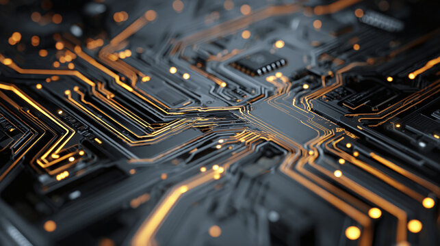 Detailed view of a complex and intricate circuit board illuminated by an array of bright lights. The image highlights the pathways and integrated circuits of modern technology
