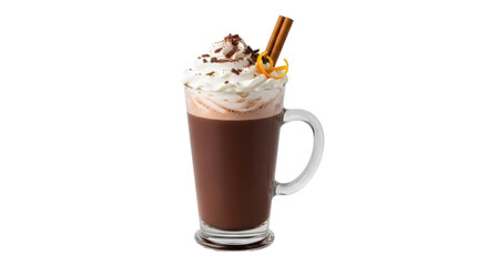 Isolated tall glass mug of hot chocolate with whipped cream, cinnamon, and orange peel