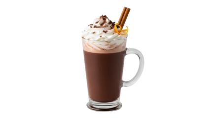 Isolated tall glass mug of hot chocolate with whipped cream, cinnamon, and orange peel