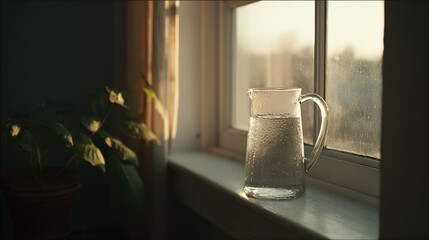 glass jug filled with clear water sits on windowsill bathed in soft morning light