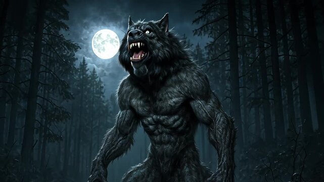 Dark werewolf standing under full moon in misty forest, representing fantasy, horror and transformation mythology. Night creature howling in moonlight, symbol of fear, power and supernatural monster.
