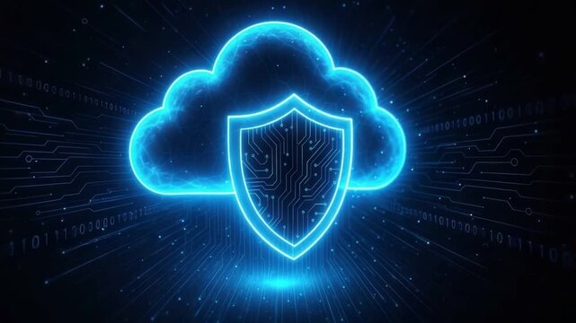 Cloud computing digital security data protection technology with glowing shield and cloud icon, cybersecurity network safety concept featuring blue neon light futuristic design and protection - Powered by Adobe