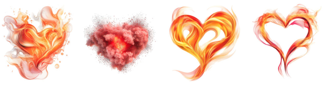 Burning Hearts: Capturing the passionate emotion, a set of heart illustrations rendered in vibrant flames, symbolizing love, ardor and intense feeling.