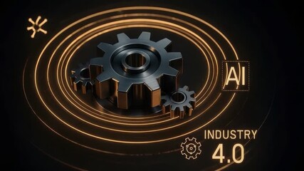 Industry 4.0 automation with metallic gears and glowing circular lines showcasing artificial intelligence, digital mechanical innovation, and futuristic manufacturing technology advancements - Powered by Adobe
