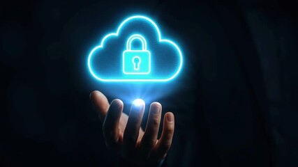 Cloud security glowing lock icon above hand with digital protection and data safety symbol, futuristic neon technology illustration for secure access and cybersecurity network safety - Powered by Adobe