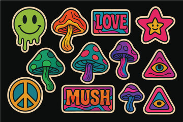 Retro Psychedelic Rave Stickers – Trippy Mushrooms, Groovy 70s 80s 90s Synthwave Art.
