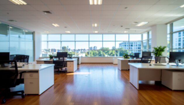 ソフトフォーカス　ぼやけたオフィスの背景画像　　　　　　　　　　　　　　　　　　　　　　　白色基調のモダンなオフィス