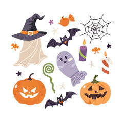 Collection of halloween themed elements including pumpkin ghost bat witch hat spiderweb and candy bowl items
