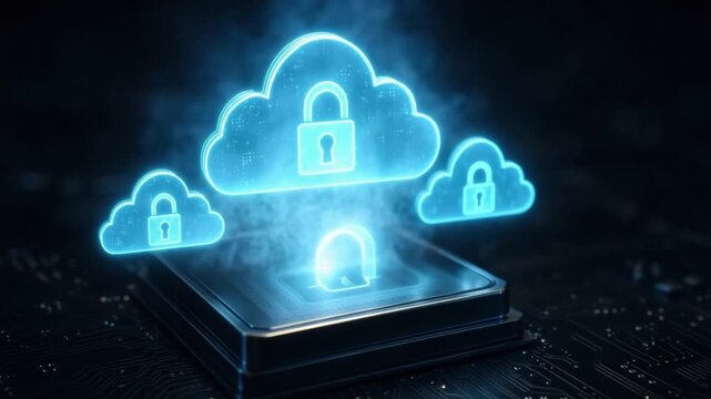 Cloud security concept featuring glowing padlock and digital lock floating above computer chip and microchip, representing data protection, secure storage, network, and advanced technology