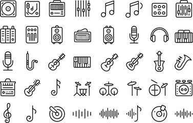 music and audio icons, black and white illustration, musical instruments, sound equipment, waveform symbols, minimalist line art set