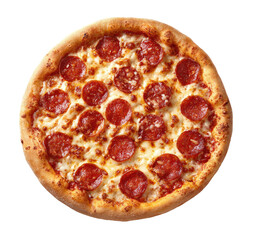 Round pizza, pepperoni topping, cheesy