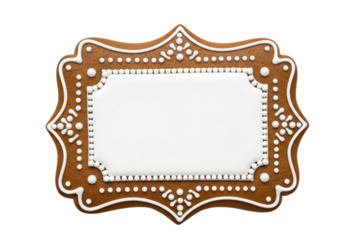 Gingerbread Cookie with Blank Space: A beautifully crafted gingerbread cookie, elegantly designed with intricate frosting details. With a blank space ready for your custom message.