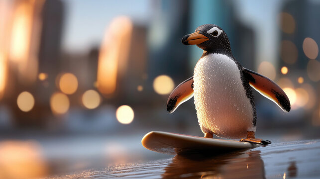 Penguin surfing on a surfboard at sunset in a coastal city with ocean waves in the background