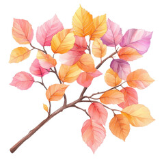 Obraz premium Autumnal Branch: A watercolor branch adorned with vibrant leaves in hues of orange, pink, and yellow, showcasing the splendor of autumn.
