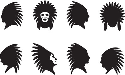 set of silhouettes of north american chief head