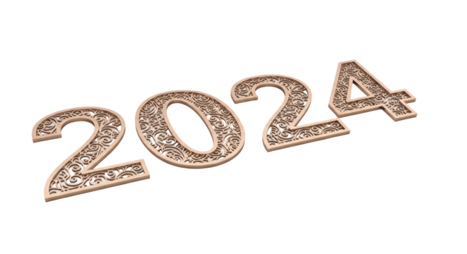 Isolated 2024 wooden figures for New Year greeting cards, holiday decorations and posters design