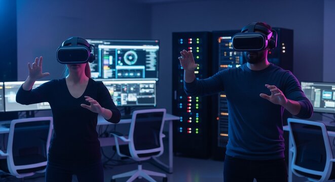 Two People in VR headsets Experience Virtual Reality