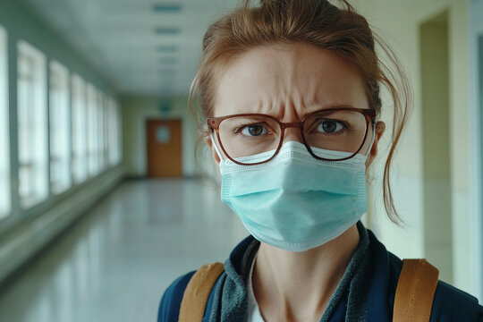 Generative AI image of a teacher doctor medical worker in medical mask standing in classroom during pandemic - Powered by Adobe