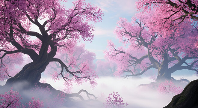 "Mist-Shrouded Ancient Cherry Trees with Twisted Branches in Pink Fog — Ethereal Spring Landscape"