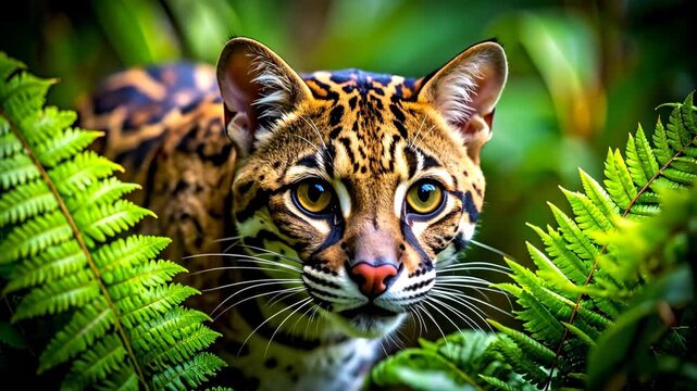 Close-up of a beautiful ocelot in its natural habitat, surrounded by lush green foliage and ferns, showcasing its striking spotted fur and intense gaze.