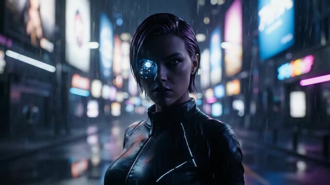 Futuristic augmented cyber woman standing in a vibrant and dynamic rainy neon cityscape illuminated by digital billboards and reflections