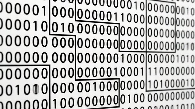 Binary code pattern with highlighted sections on white and black backgrounds showcasing digital data, computer programming, and technology concepts featuring black and white digits in abstract design