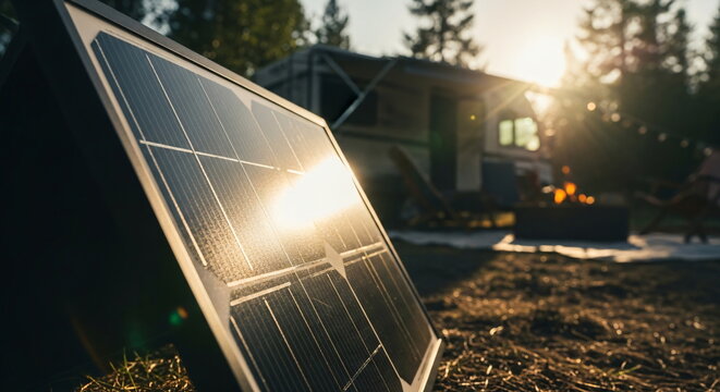 Portable solar panel charging a battery on a camper van. Alternative energy solution for outdoor adventure trip.