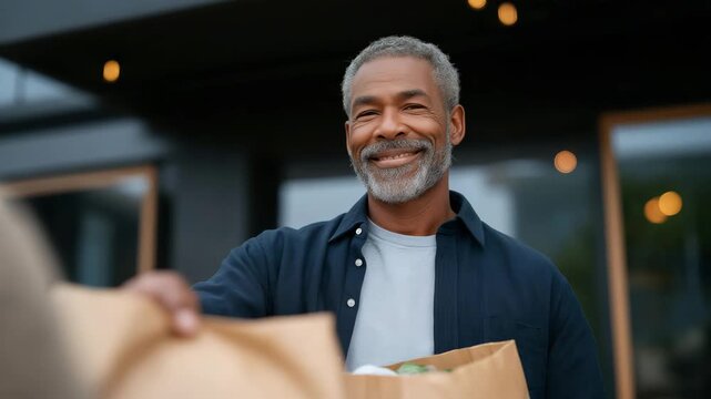 Veteran volunteering at a local community food drive, wearing casual clothing while handing grocery bags to a family — concept of everyday heroism, service beyond the uniform, civic engagement, and