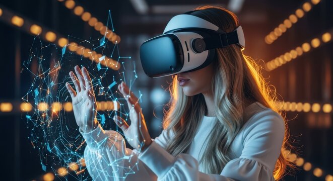 Immersive technology: A woman fully immersed in a virtual reality experience, her face illuminated by the glow of the digital world. Surrounded by a network of interconnected data points.