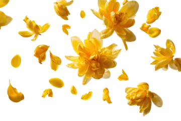 Yellow flowers and petals in a dynamic, floating display against a black background