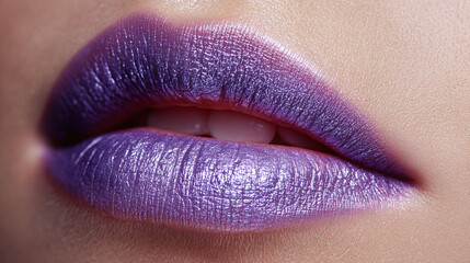 A close-up shot of a pair of lips painted with vibrant purple lipstick, revealing a hint of teeth