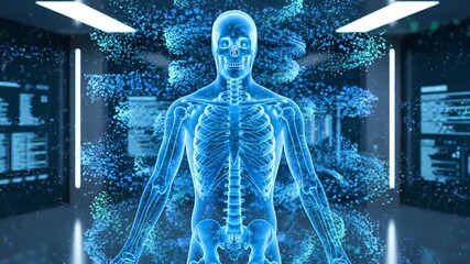 Advanced Medical Technology: 3D Human Skeleton Scan and Holographic Display for Diagnostic Analysis and Treatment Planning in Futuristic Medical - Powered by Adobe