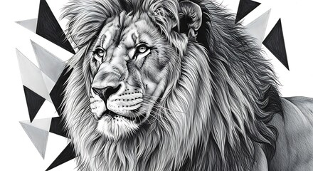 A detailed illustration of a lion's head with a geometric background.