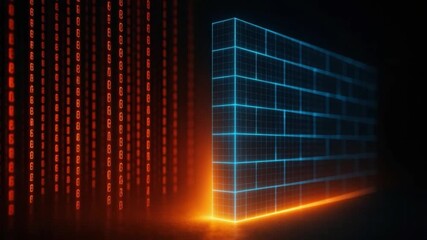 Digital firewall protection with glowing grid wall and red binary code symbolizing cybersecurity and data defense, featuring digital protection, glowing grid, binary code, and data defense - Powered by Adobe