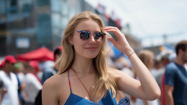 Wide-angle shot of crowds enjoying a street festival with USA flag reflections visible on multiple accessories and surfaces, highlighting national pride, festive community engagement, and modern