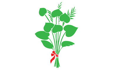 A vibrant green bouquet of stylized leaves and branches tied with a red ribbon isolated on white background