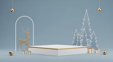 Fototapeta premium Modern Holiday Display Pedestal. Festive Christmas scene with white podium, golden wireframe reindeer, gifts, and minimalist pine trees on blue backdrop.