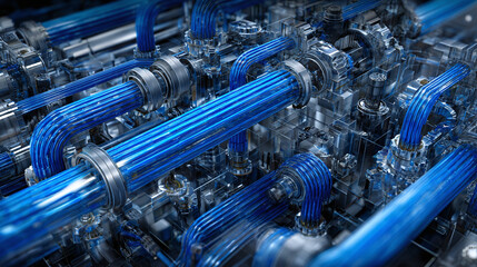 A close-up view of an intricate engine. The engine is a complex system of interconnected components, with blue wires and pipes weaving through the machinery, a testament to its mechanical ingenuity