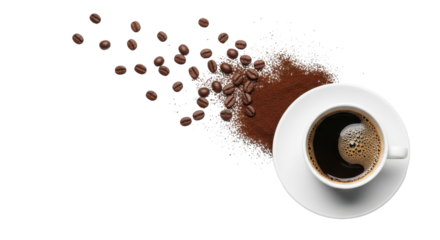 Coffee Bliss: A top-down shot of a pristine cup of coffee paired with an array of coffee beans and coffee ground, invoking a sense of comfort and refreshment.