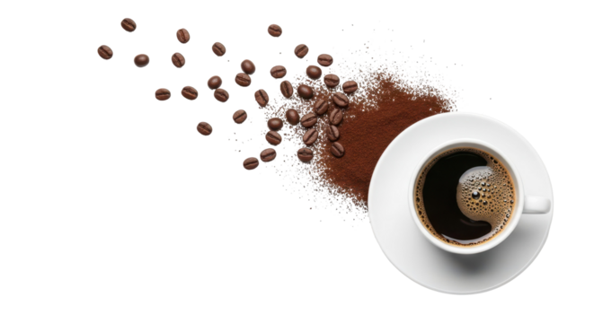 Coffee Bliss: A top-down shot of a pristine cup of coffee paired with an array of coffee beans and coffee ground, invoking a sense of comfort and refreshment.