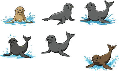 Cute cartoon seal collection, playful marine animal illustrations, adorable sea lions in water splash, ocean wildlife artwork for kids design