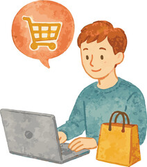 Watercolor vector illustrations of a person shopping online