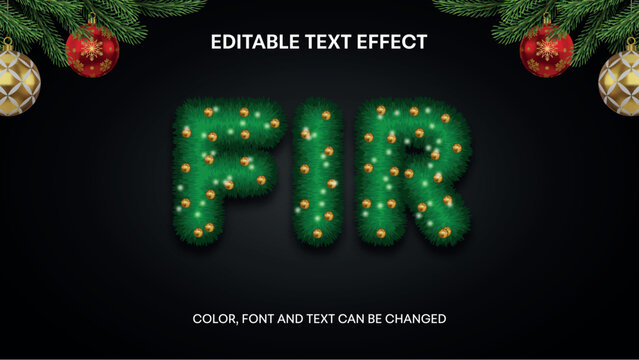 christmas editable text effect. fir editable text with lights and gold balls