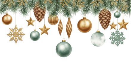 Festive Ornament Decoration: An array of sparkling gold, green, and natural ornaments create a captivating visual display, infusing the scene with holiday spirit and cheer.