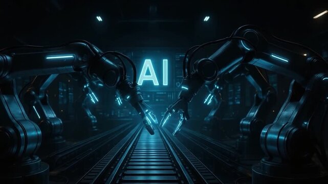 Artificial intelligence with robotic arms working futuristic dark factory environment glowing blue light showcasing advanced technology, automation, digital innovation, and industry machine
