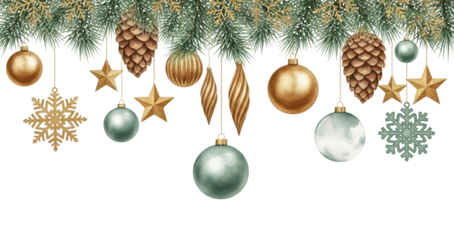 Festive Ornament Decoration: An array of sparkling gold, green, and natural ornaments create a captivating visual display, infusing the scene with holiday spirit and cheer.