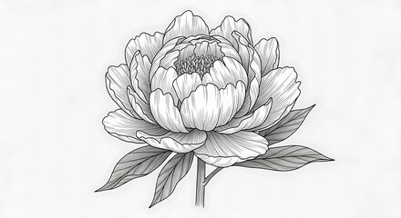 A detailed pencil sketch of a peony flower with delicate petals and leaves.