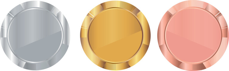set of coin template icons with designs in different metal textures, namely gold, silver and copper, for awards, achievements or rating icons