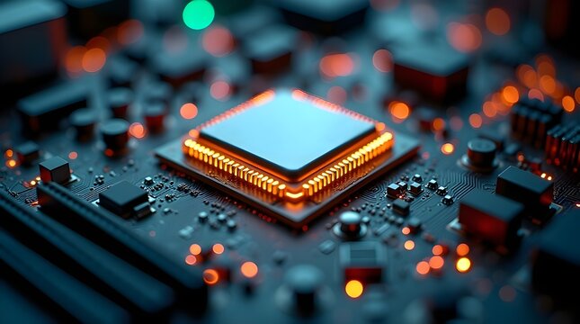 Futuristic glowing microchip on advanced circuit board representing modern semiconductor technology, high performance computing, AI hardware, and next generation electronics